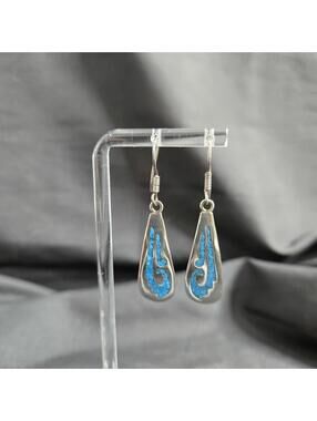 Vintage Mexico Sterling Turquoise Inlay Drop Earrings TH-80 925 Silver Teardrop